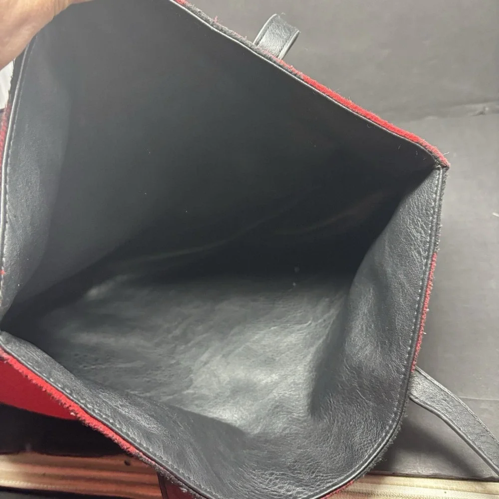 Bass Tote Plaid Reversible Black Red Classic Flannel Faux‎ Leather Large Purse